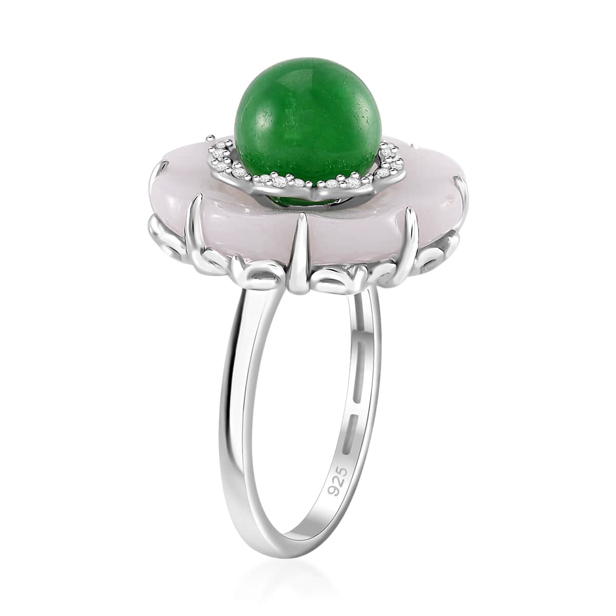 Natural Jade Carved, Green Jade (D) and White Zircon 25.15 ctw Floral Ring in Rhodium Over Sterling Silver (Size 10.0) image number 2