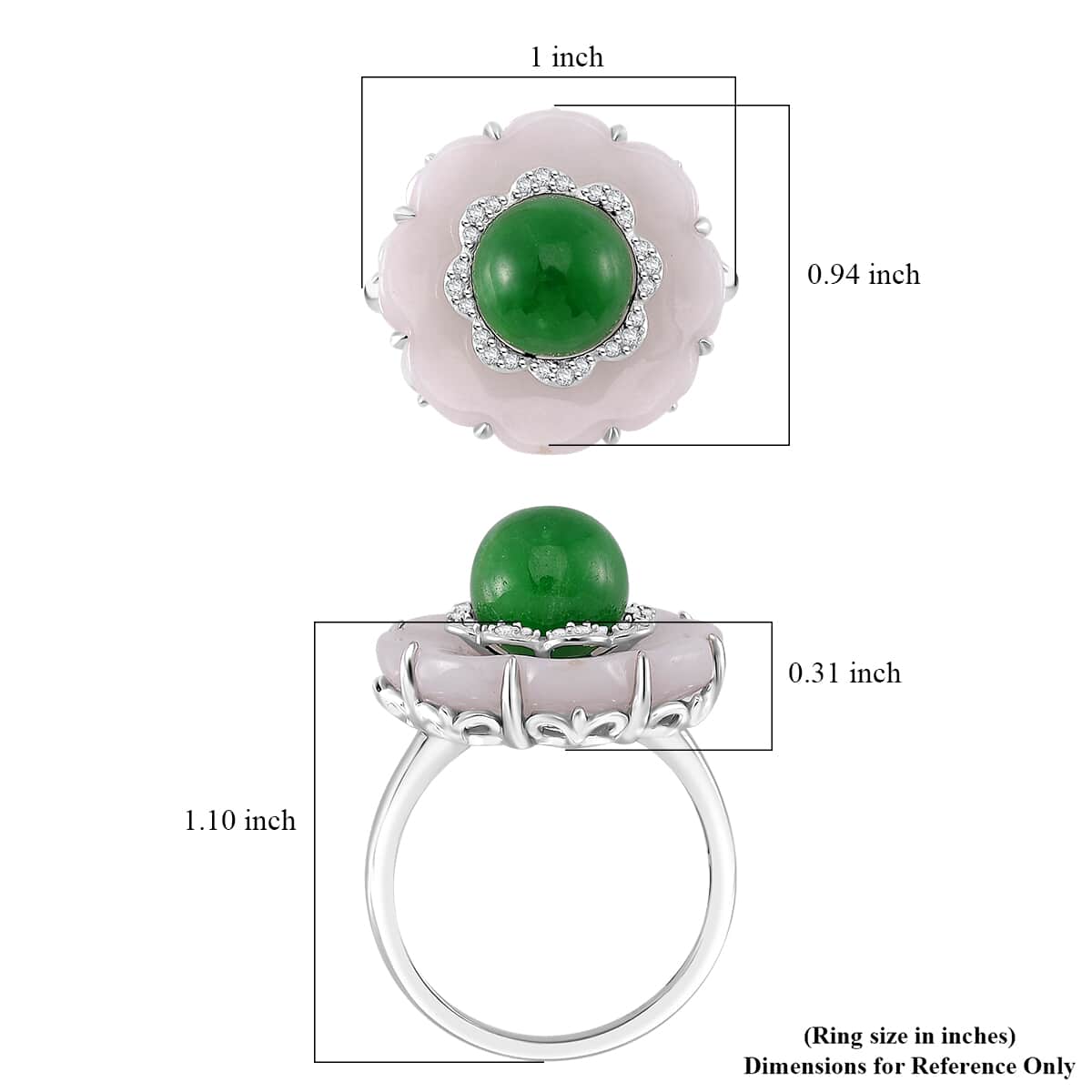 Natural Jade Carved, Green Jade (D) and White Zircon 25.15 ctw Floral Ring in Rhodium Over Sterling Silver (Size 6.0) image number 4