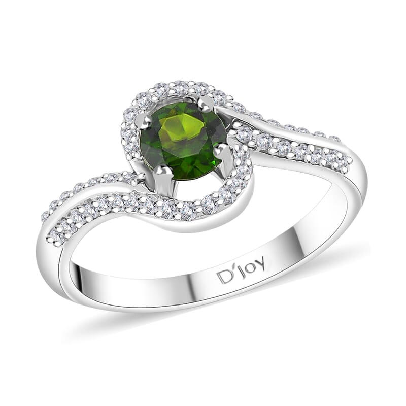 Chrome Diopside and White Zircon 0.85 ctw Bypass Ring in Rhodium Over Sterling Silver (Size 10.0)
