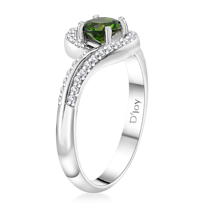 Chrome Diopside and White Zircon 0.85 ctw Bypass Ring in Rhodium Over Sterling Silver (Size 10.0)