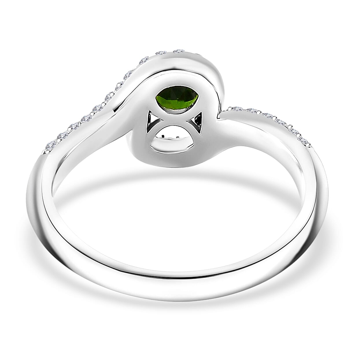 Chrome Diopside and White Zircon 0.85 ctw Bypass Ring in Rhodium Over Sterling Silver (Size 10.0)