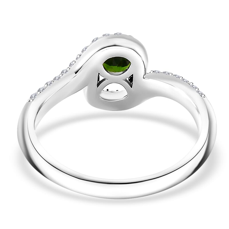 Chrome Diopside and White Zircon 0.85 ctw Bypass Ring in Rhodium Over Sterling Silver (Size 10.0)