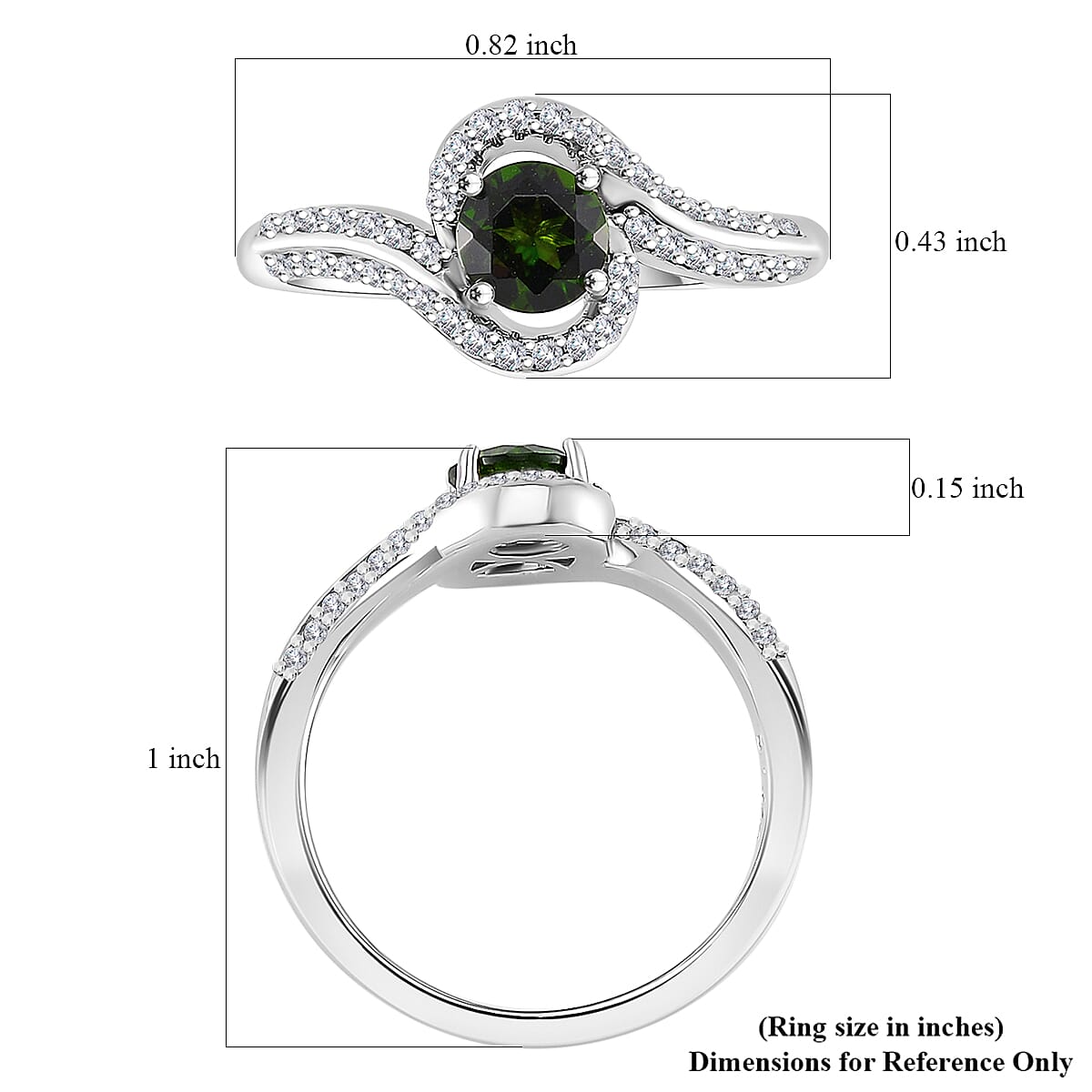Chrome Diopside and White Zircon 0.85 ctw Bypass Ring in Rhodium Over Sterling Silver (Size 10.0)