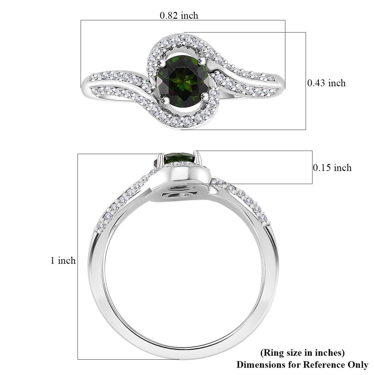 Chrome Diopside and White Zircon 0.85 ctw Bypass Ring in Rhodium Over Sterling Silver (Size 10.0) image number 5