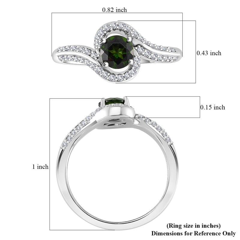 Chrome Diopside and White Zircon 0.85 ctw Bypass Ring in Rhodium Over Sterling Silver (Size 10.0)