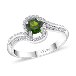 Chrome Diopside and White Zircon 0.85 ctw Bypass Ring in Rhodium Over Sterling Silver (Size 9.0)