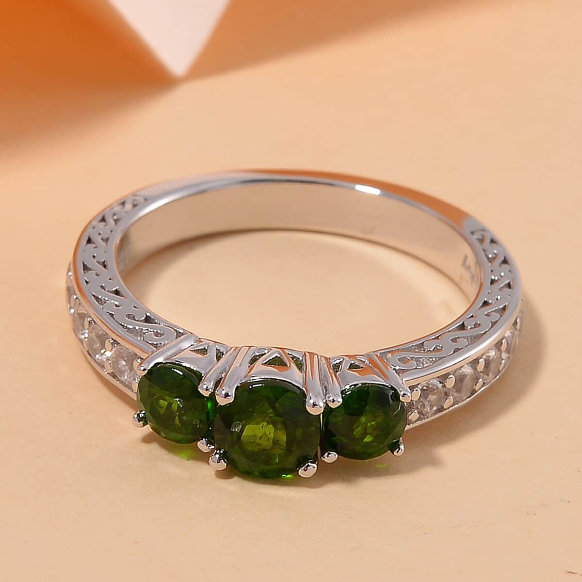 Chrome Diopside and White Zircon 1.65 ctw 3 Stone Ring in Rhodium Over Sterling Silver (Size 10.0) image number 1