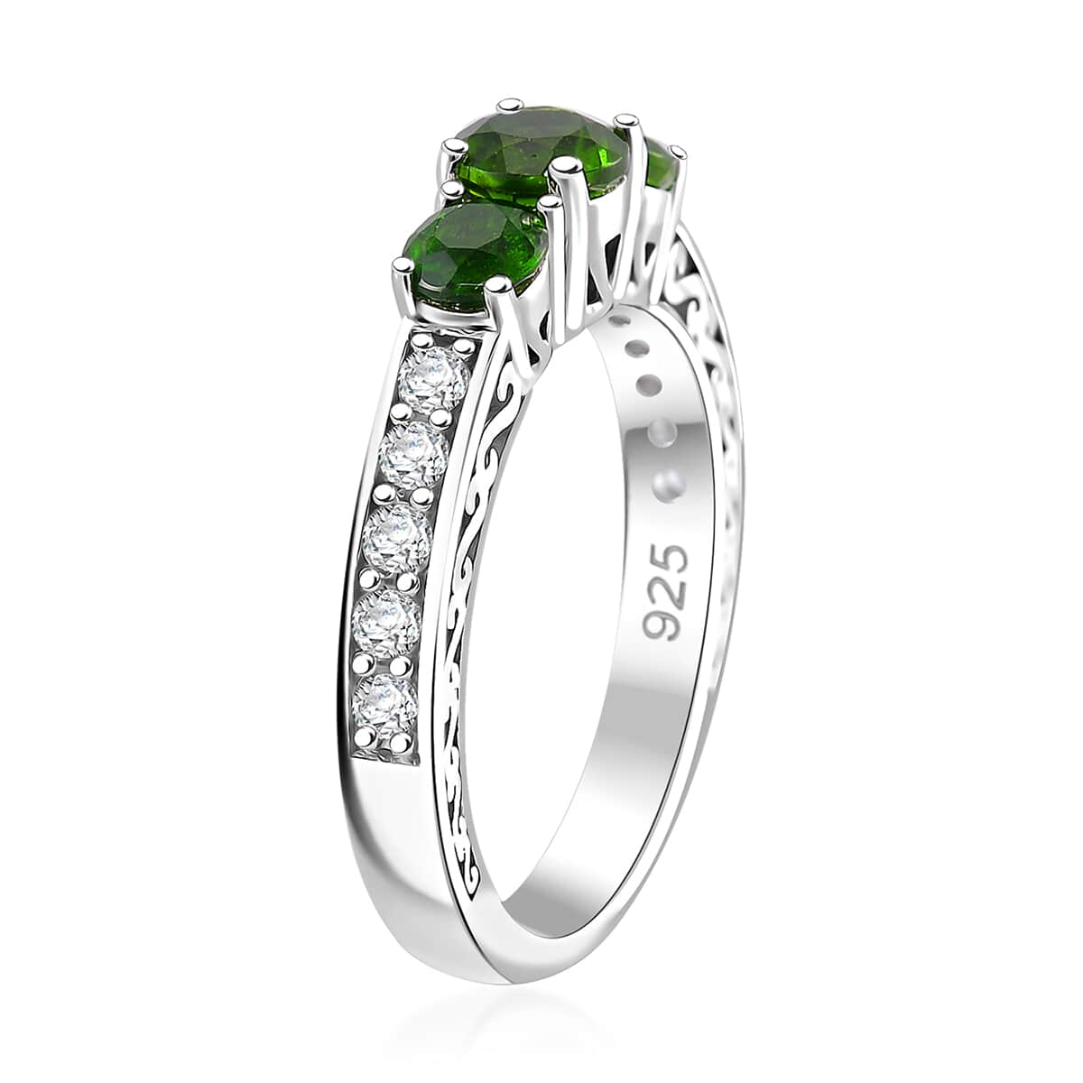 Chrome Diopside and White Zircon 1.65 ctw 3 Stone Ring in Rhodium Over Sterling Silver (Size 10.0) image number 3