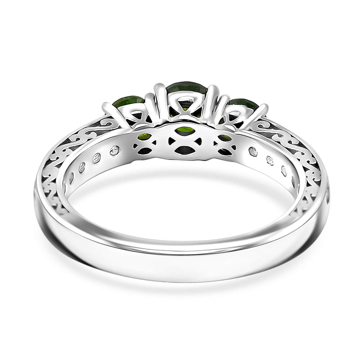 Chrome Diopside and White Zircon 1.65 ctw 3 Stone Ring in Rhodium Over Sterling Silver (Size 10.0) image number 4