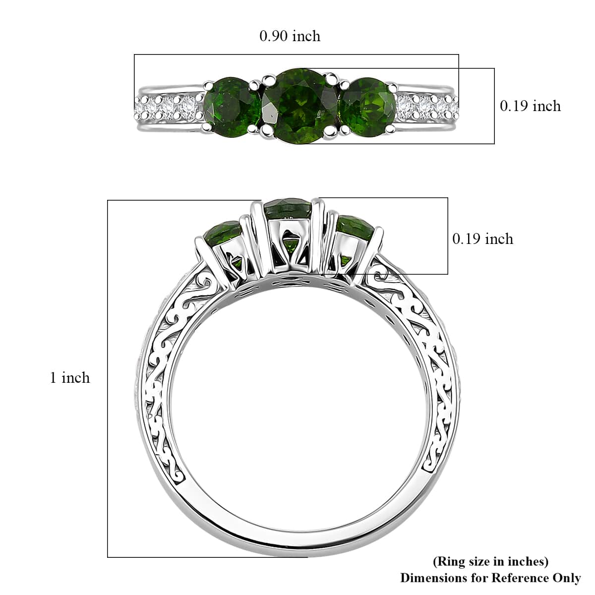 Chrome Diopside and White Zircon 1.65 ctw 3 Stone Ring in Rhodium Over Sterling Silver (Size 10.0) image number 5