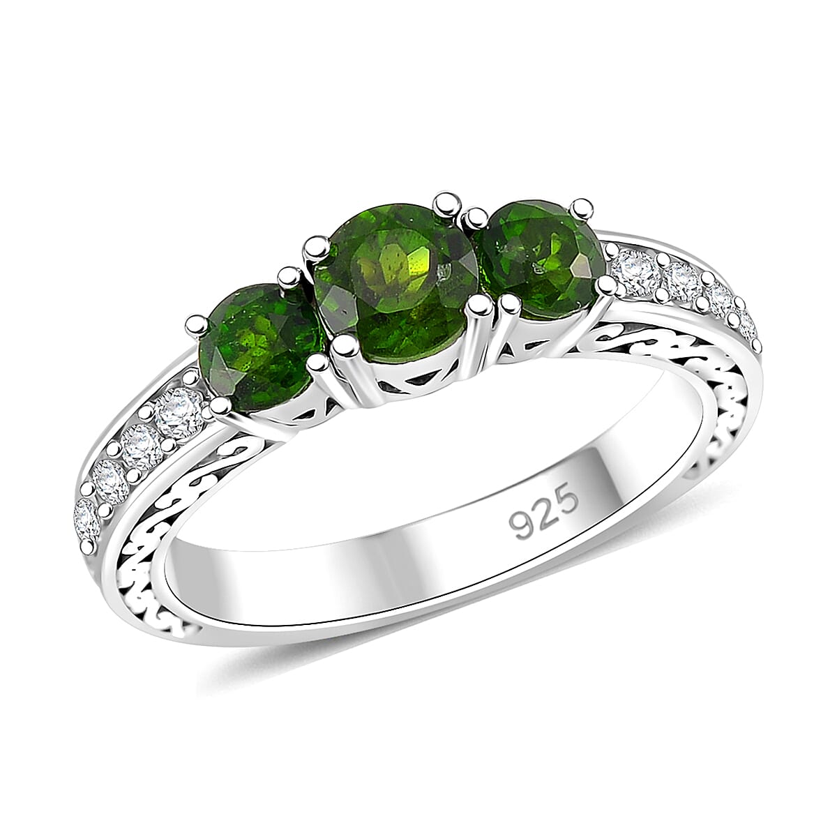 Chrome Diopside and White Zircon 1.65 ctw 3 Stone Ring in Rhodium Over Sterling Silver (Size 7.0) image number 0