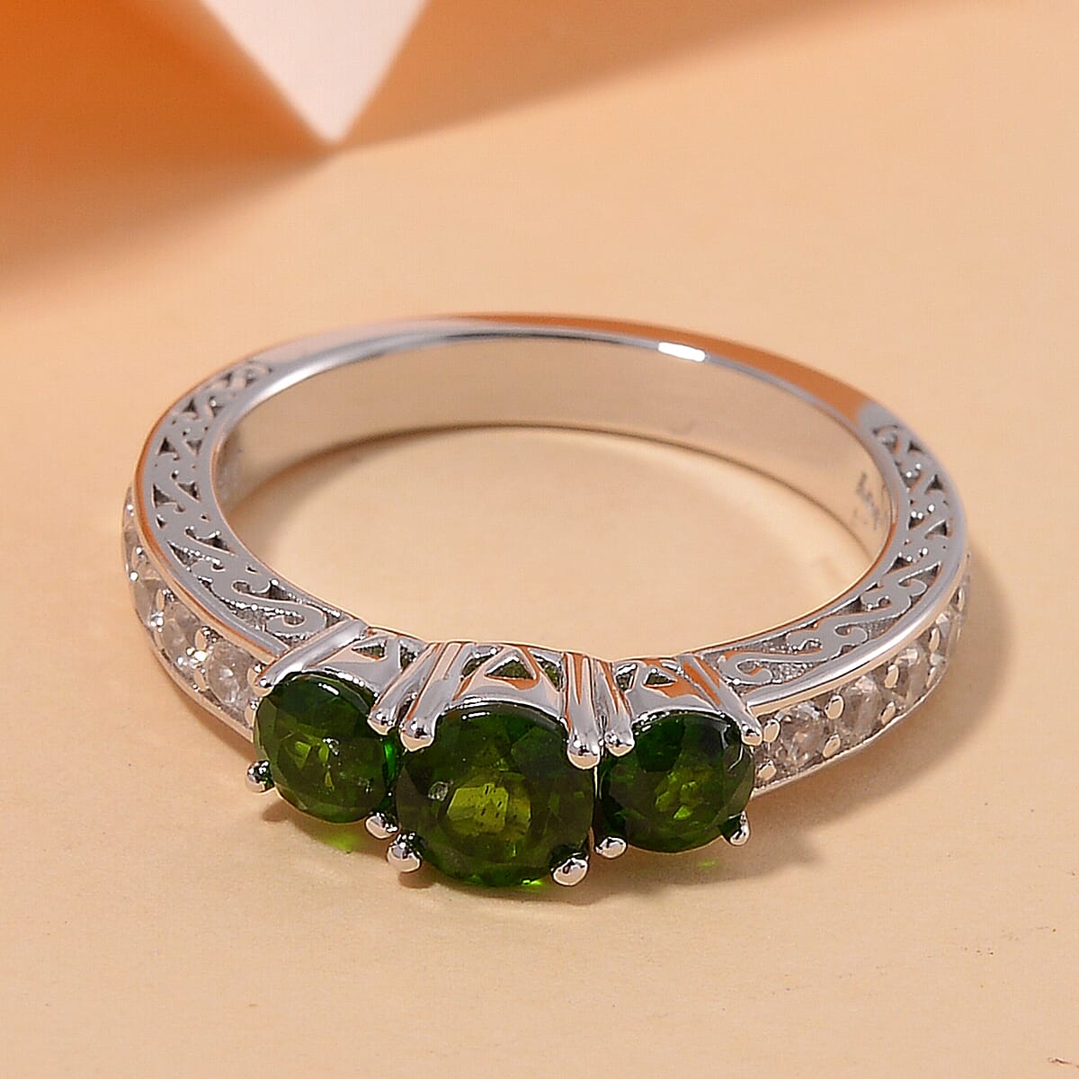 Chrome Diopside and White Zircon 1.65 ctw 3 Stone Ring in Rhodium Over Sterling Silver (Size 7.0) image number 1