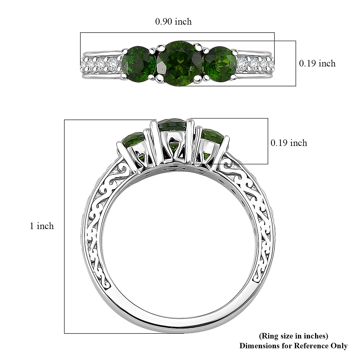 Chrome Diopside and White Zircon 1.65 ctw 3 Stone Ring in Rhodium Over Sterling Silver (Size 7.0) image number 5