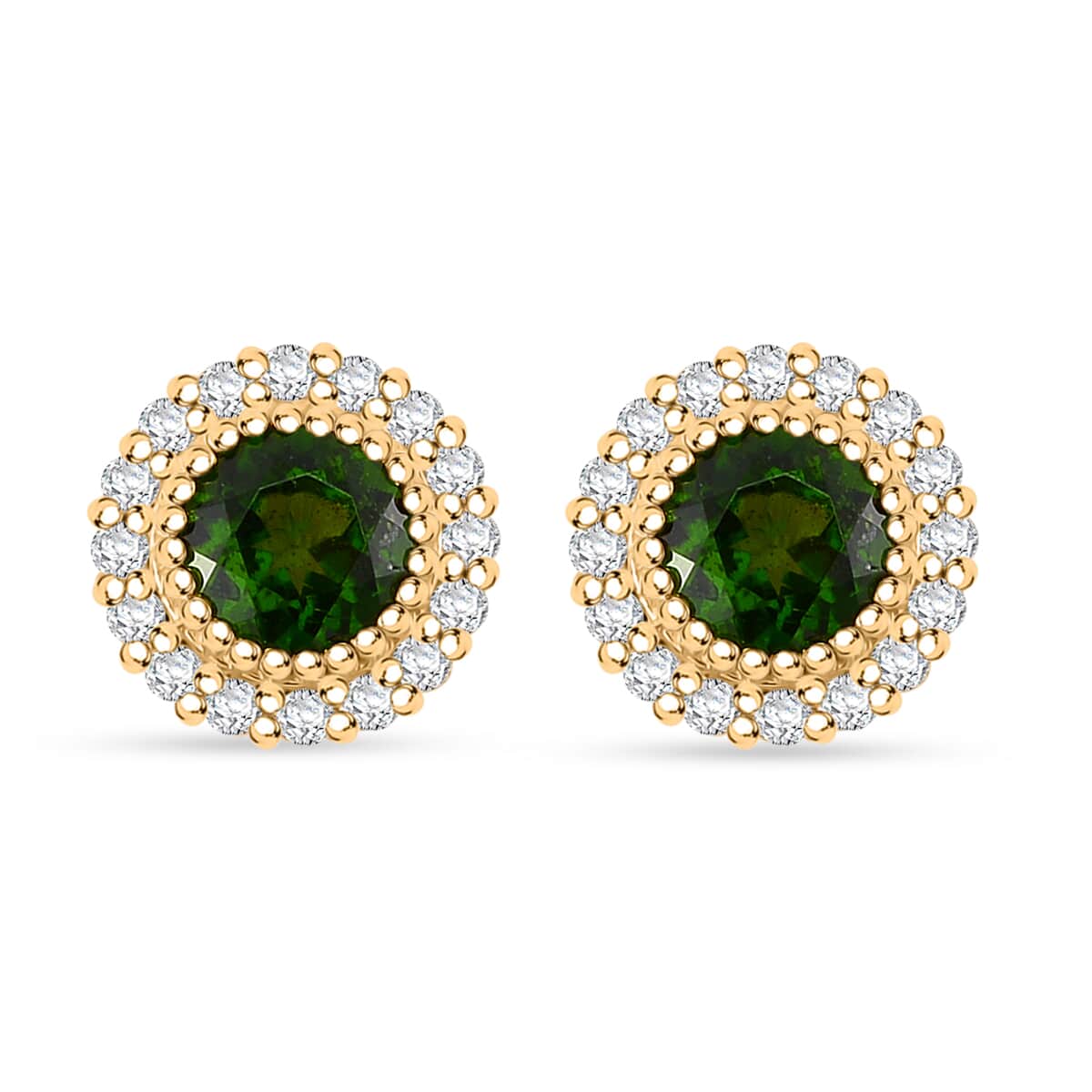 Chrome Diopside and White Zircon 1.50 ctw Halo Stud Earrings in 18K Vermeil Yellow Gold Over Sterling Silver image number 0