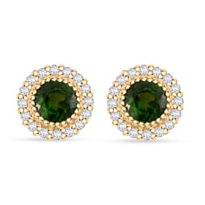 Chrome Diopside and White Zircon 1.50 ctw Halo Stud Earrings in 18K Vermeil Yellow Gold Over Sterling Silver