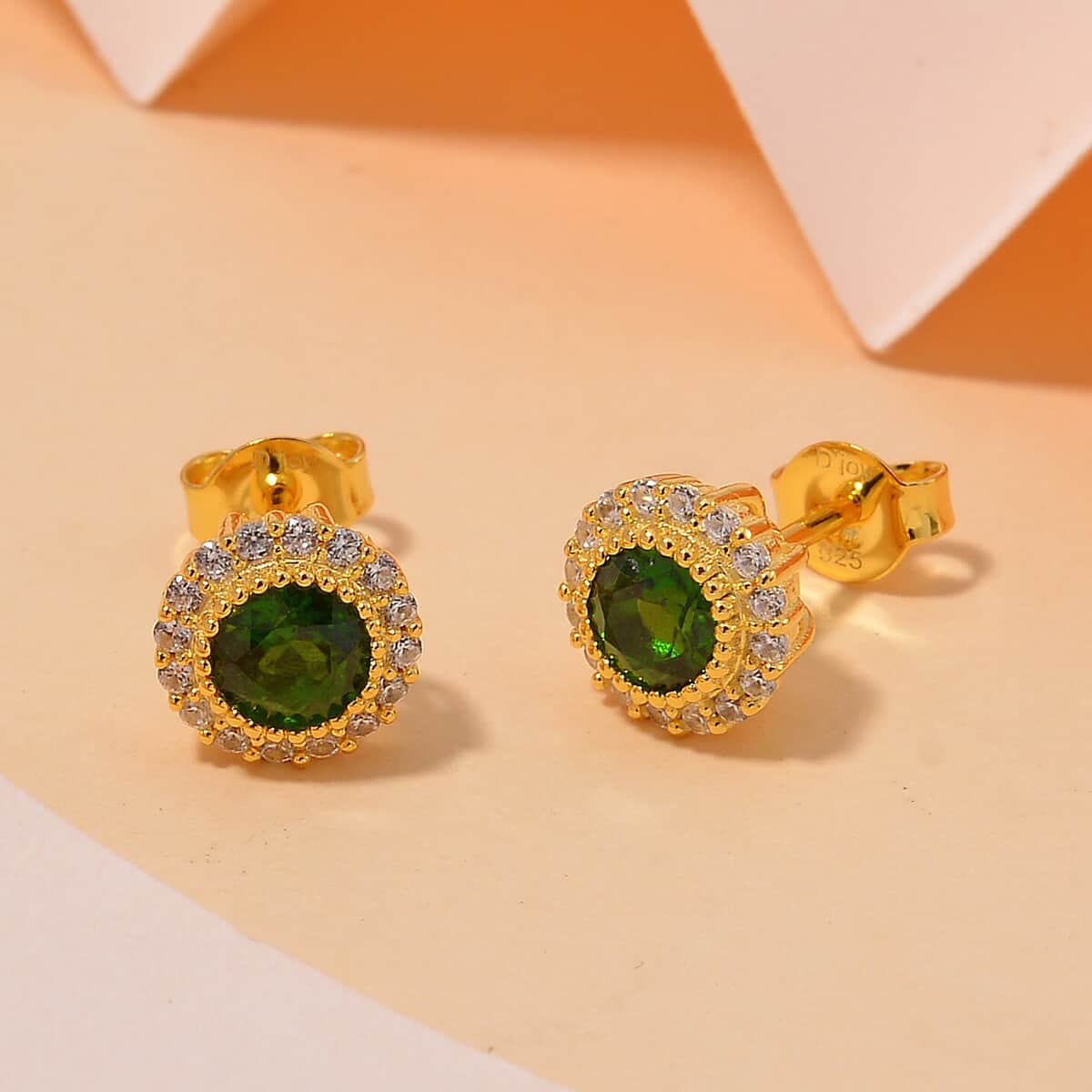 Chrome Diopside and White Zircon 1.50 ctw Halo Stud Earrings in 18K Vermeil Yellow Gold Over Sterling Silver image number 1