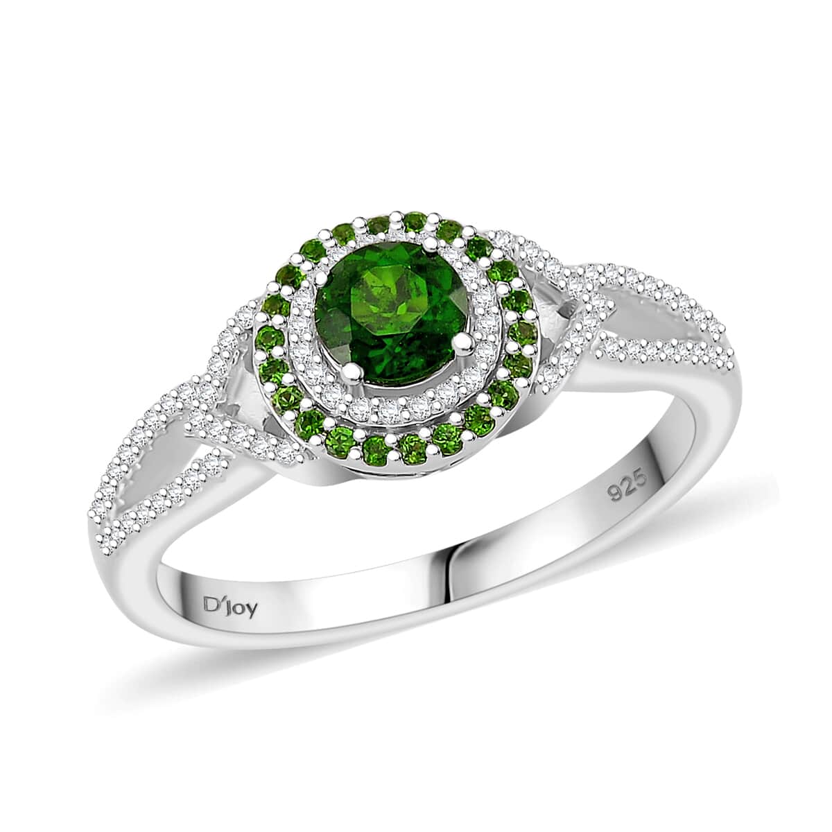 Chrome Diopside and White Zircon 0.90 ctw Double Halo Ring in Rhodium Over Sterling Silver (Size 10.0) image number 0