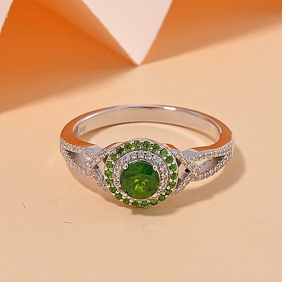 Chrome Diopside and White Zircon 0.90 ctw Double Halo Ring in Rhodium Over Sterling Silver (Size 10.0)