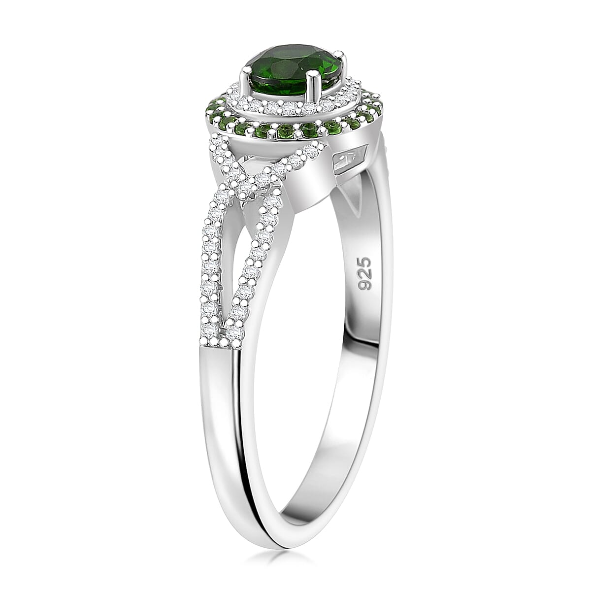 Chrome Diopside and White Zircon 0.90 ctw Double Halo Ring in Rhodium Over Sterling Silver (Size 10.0)