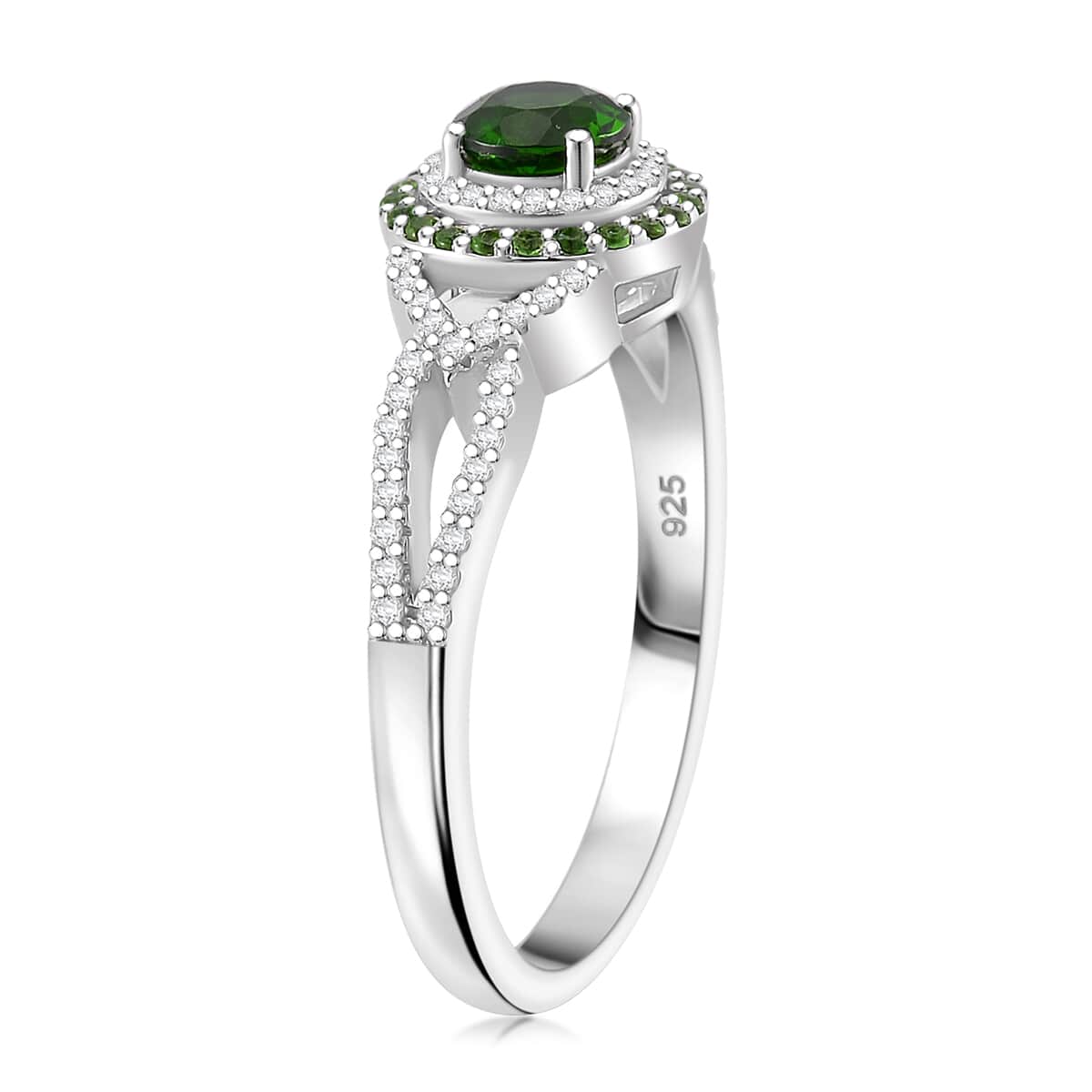 Chrome Diopside and White Zircon 0.90 ctw Double Halo Ring in Rhodium Over Sterling Silver (Size 10.0) image number 3