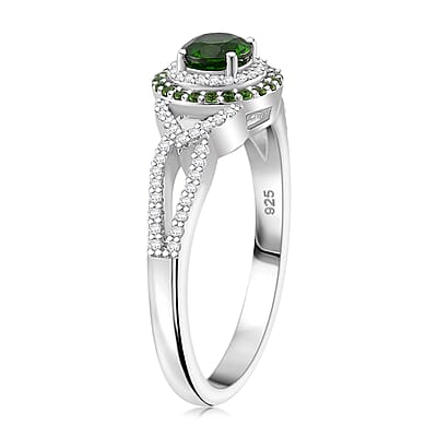 Chrome Diopside and White Zircon 0.90 ctw Double Halo Ring in Rhodium Over Sterling Silver (Size 10.0)