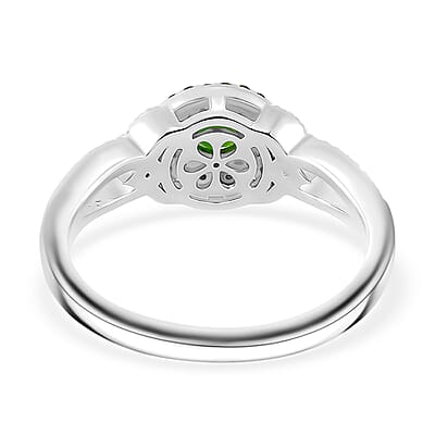 Chrome Diopside and White Zircon 0.90 ctw Double Halo Ring in Rhodium Over Sterling Silver (Size 10.0)