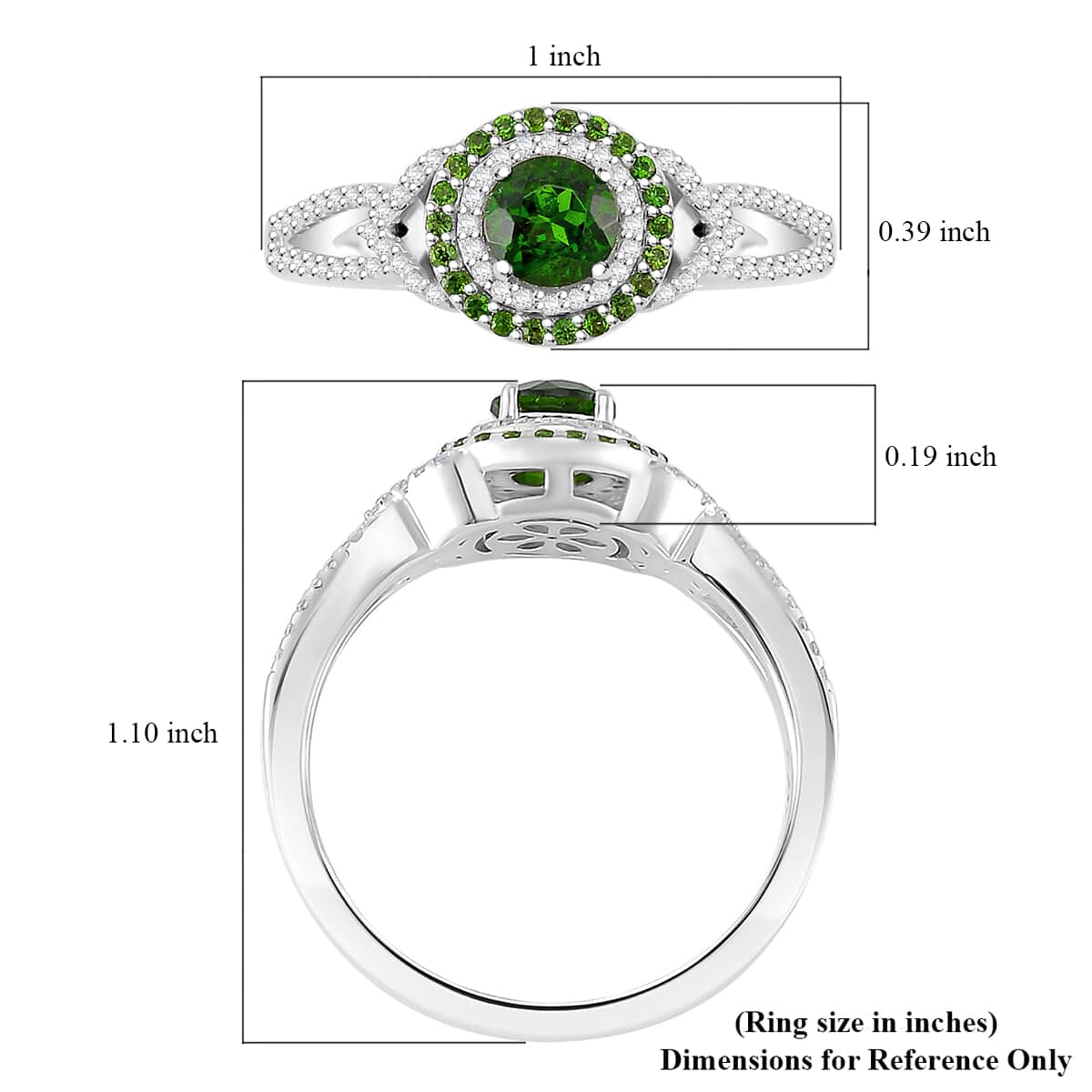 Chrome Diopside and White Zircon 0.90 ctw Double Halo Ring in Rhodium Over Sterling Silver (Size 10.0) image number 5