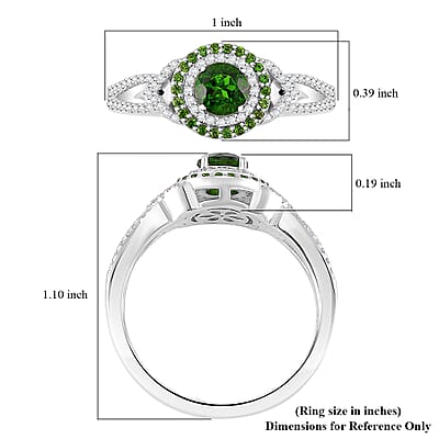 Chrome Diopside and White Zircon 0.90 ctw Double Halo Ring in Rhodium Over Sterling Silver (Size 10.0)