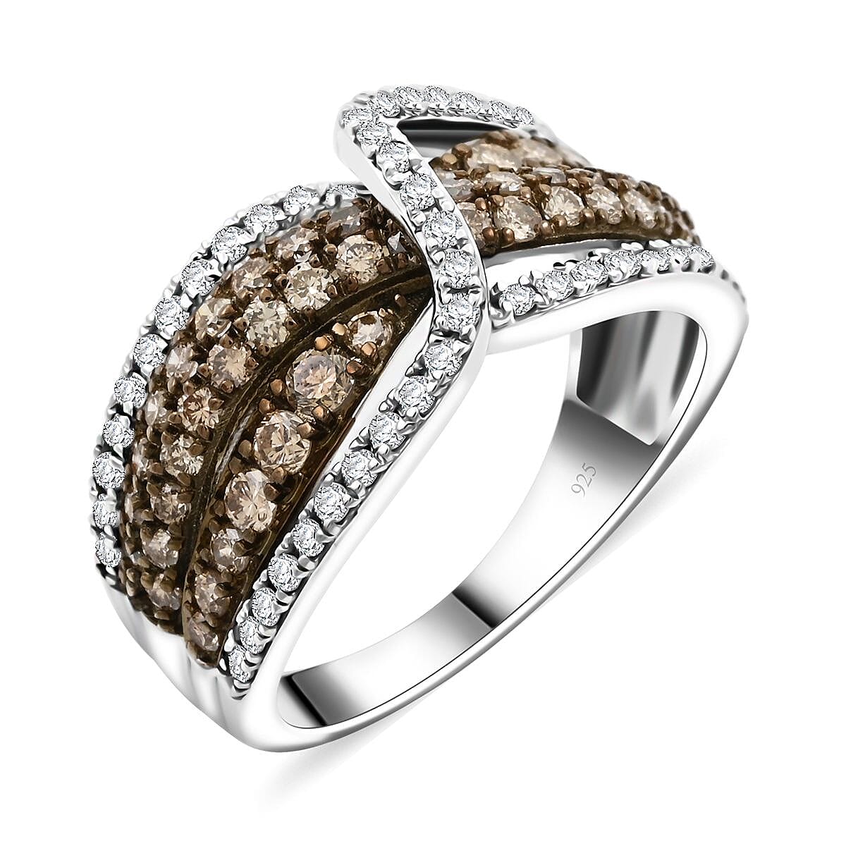 Natural Champagne and White Diamond Ring in Sterling Silver (Size 10.0) 1.25 ctw
