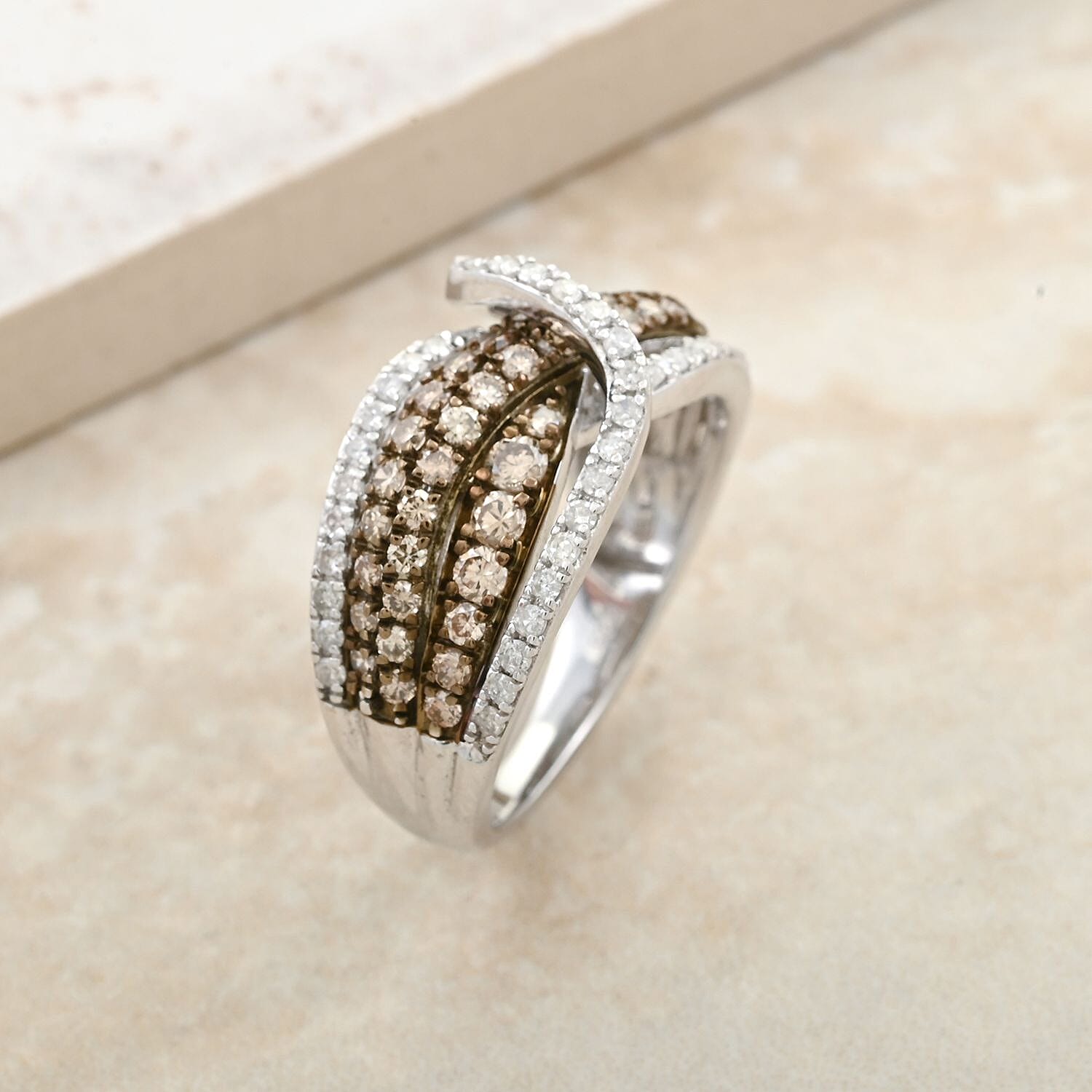 Natural Champagne and White Diamond Ring in Sterling Silver (Size 10.0) 1.25 ctw