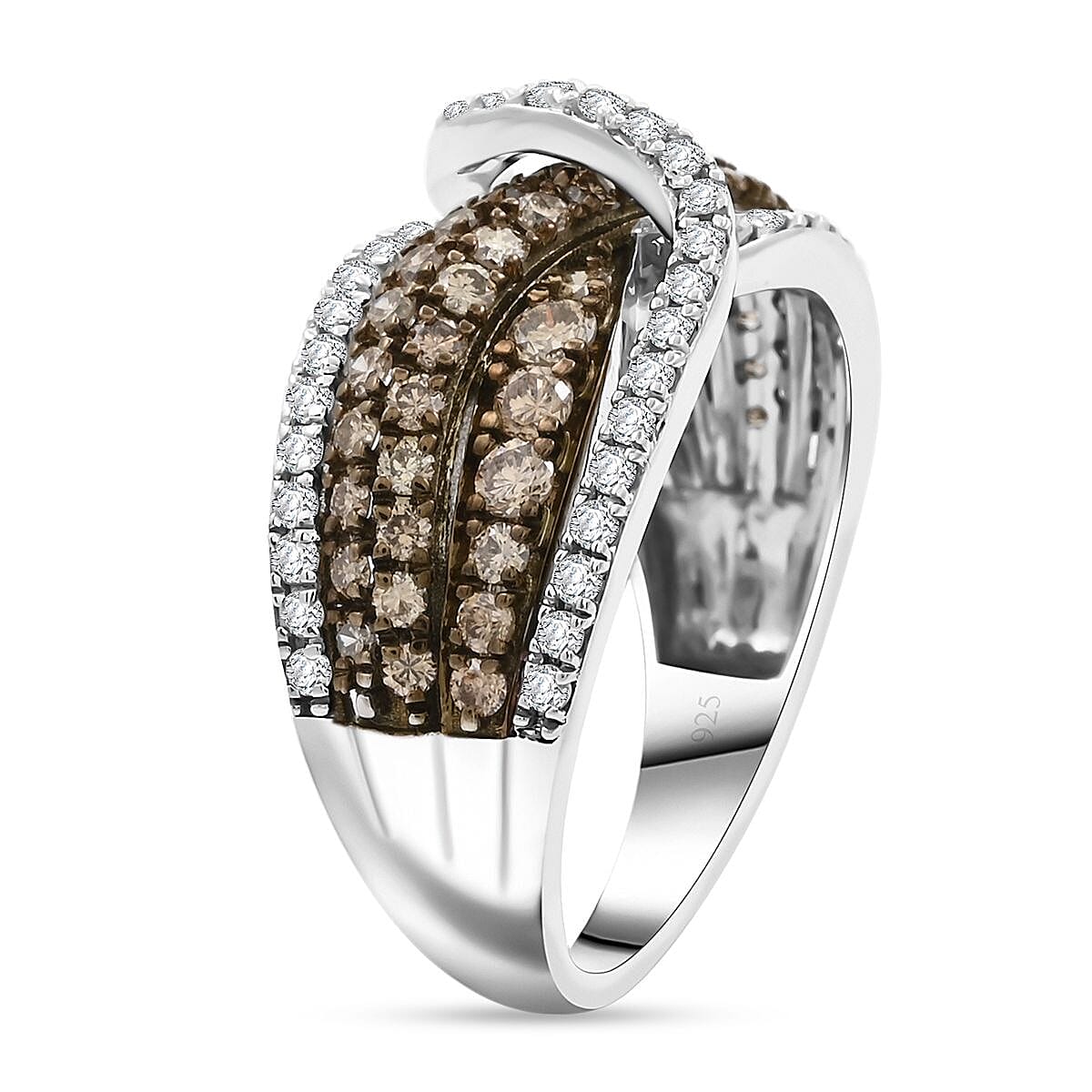 Natural Champagne and White Diamond Ring in Sterling Silver (Size 10.0) 1.25 ctw