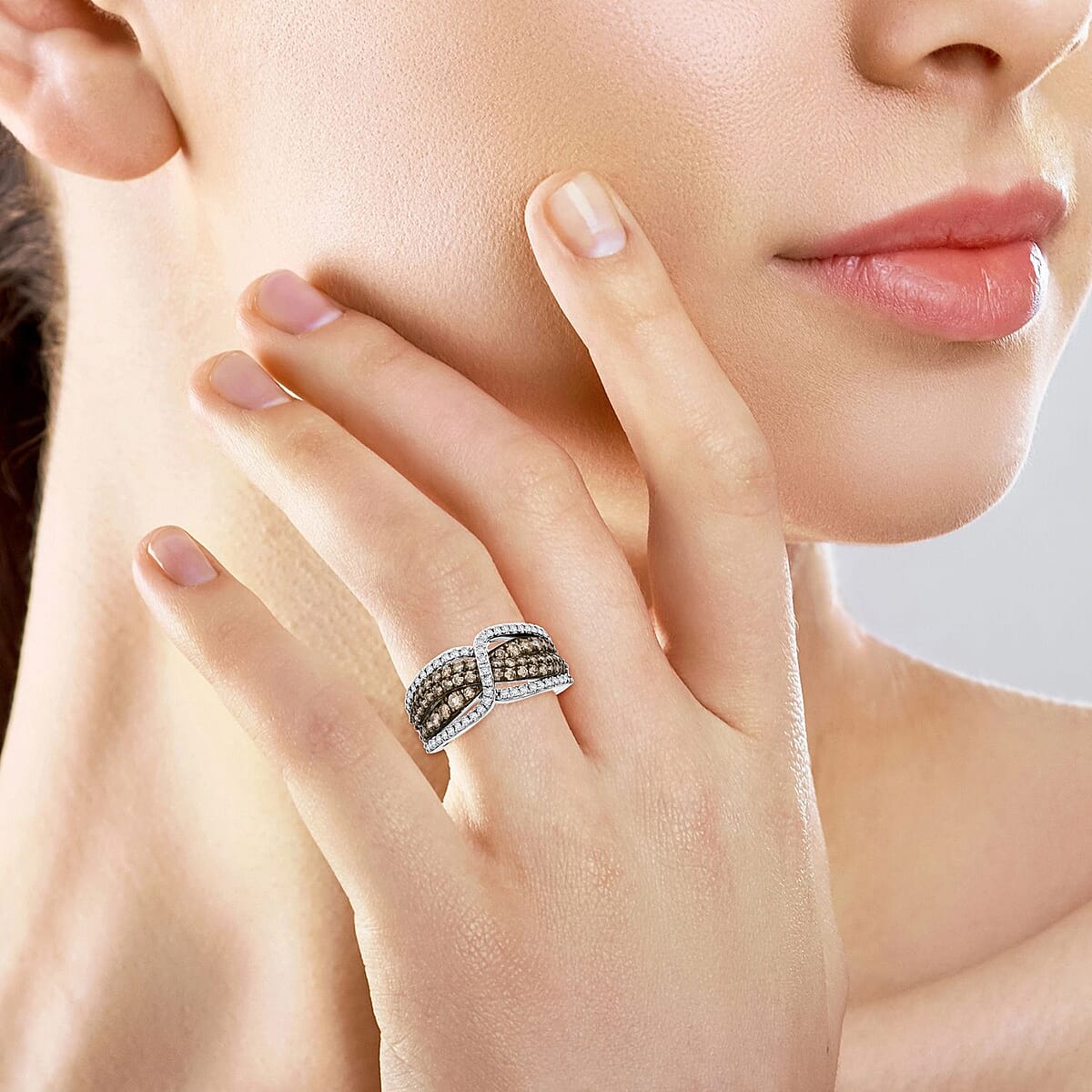 Natural Champagne and White Diamond Ring in Sterling Silver (Size 8.0) 1.25 ctw image number 2