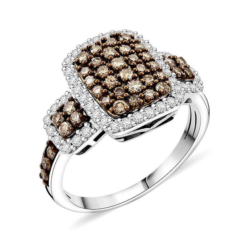 Natural Champagne and White Diamond Ring in Sterling Silver (Size 10.0) 1.25 ctw