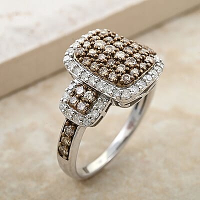 Natural Champagne and White Diamond Ring in Sterling Silver (Size 10.0) 1.25 ctw
