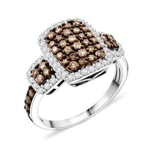 Natural Champagne and White Diamond Ring in Sterling Silver (Size 6.0) 1.25 ctw