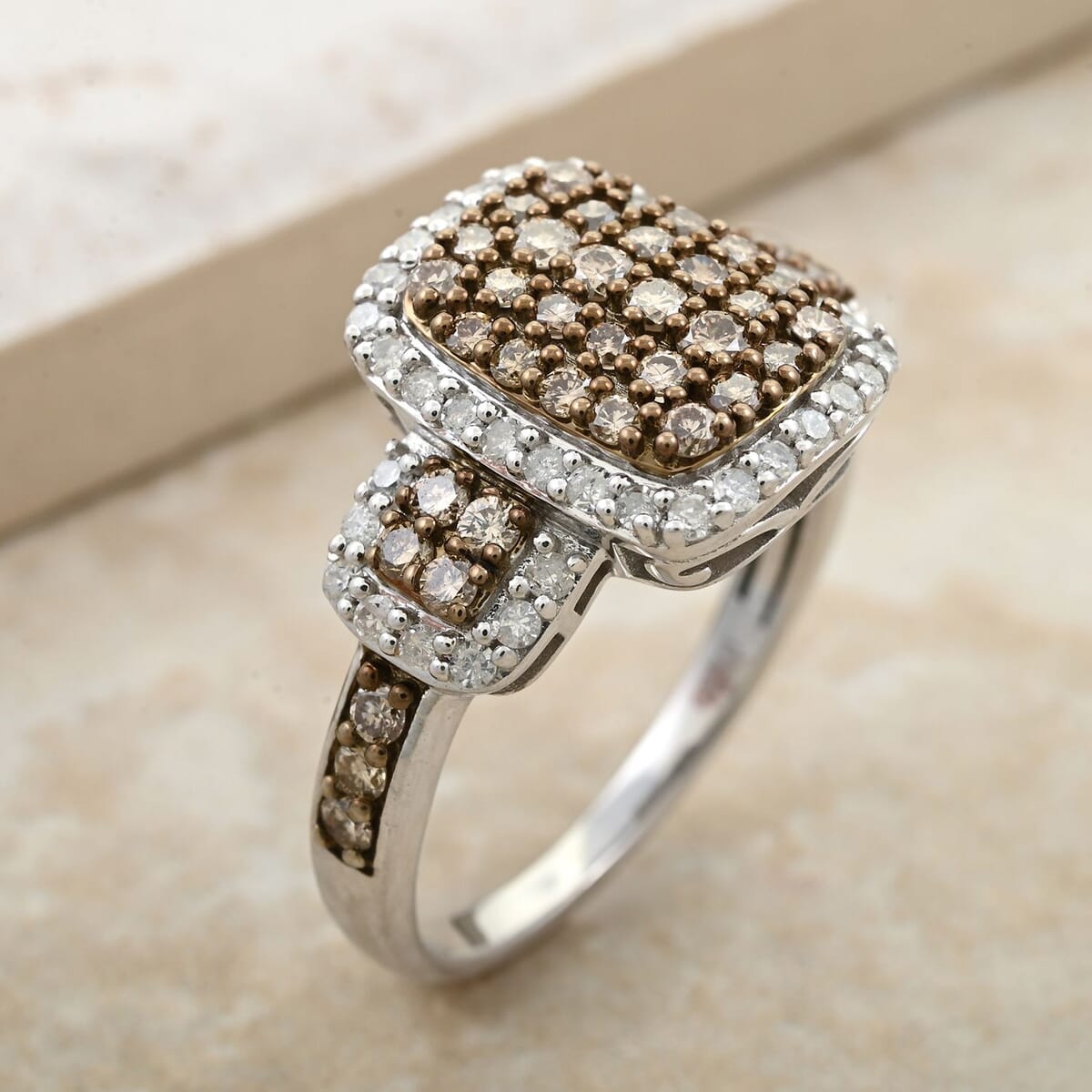 Natural Champagne and White Diamond Ring in Sterling Silver (Size 6.0) 1.25 ctw image number 1