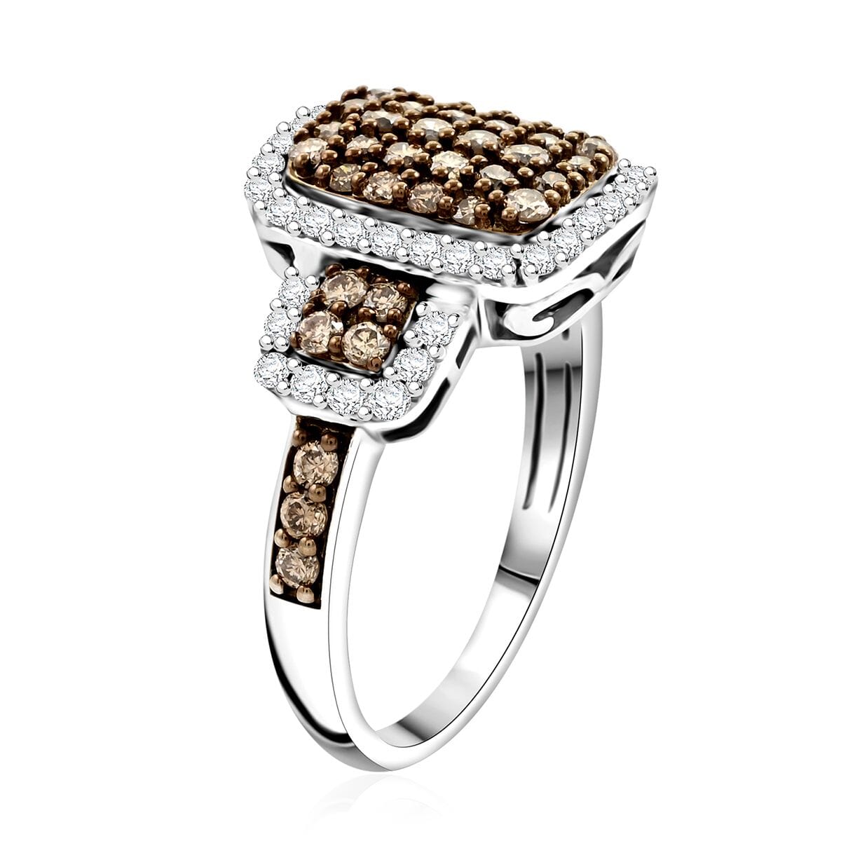 Natural Champagne and White Diamond Ring in Sterling Silver (Size 6.0) 1.25 ctw image number 3