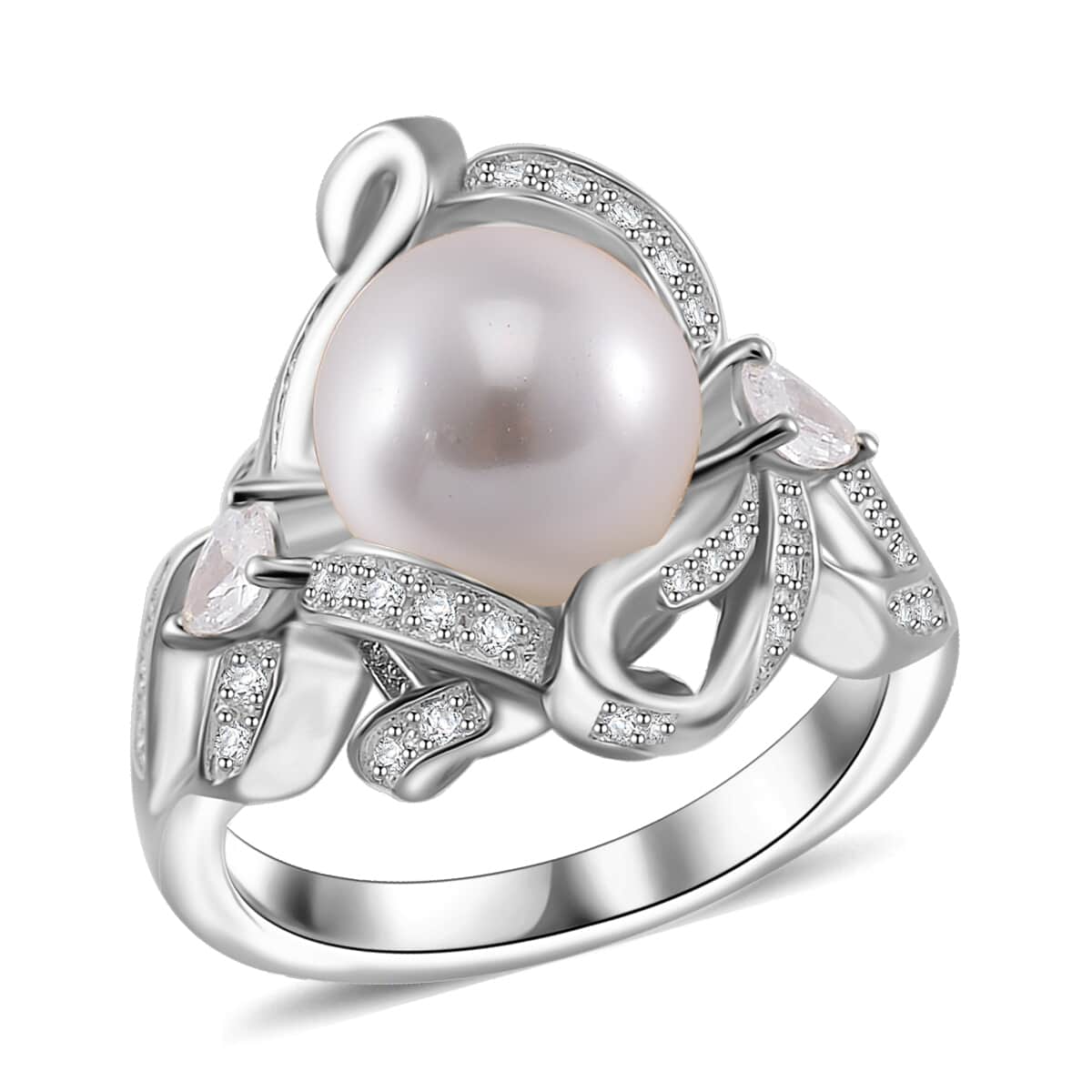 White Shell Pearl, Simulated Diamond Ring in Silvertone (Size 10.0) 1.10 ctw image number 0