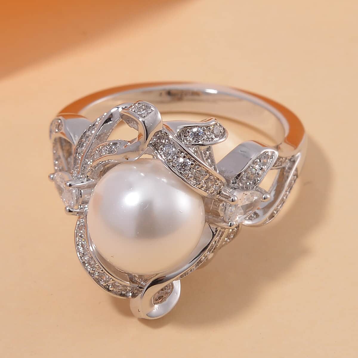 White Shell Pearl, Simulated Diamond Ring in Silvertone (Size 10.0) 1.10 ctw image number 1