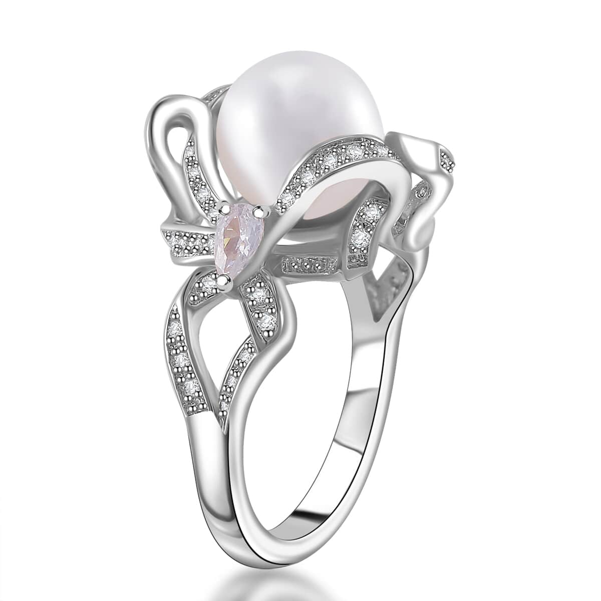 White Shell Pearl, Simulated Diamond Ring in Silvertone (Size 10.0) 1.10 ctw image number 3