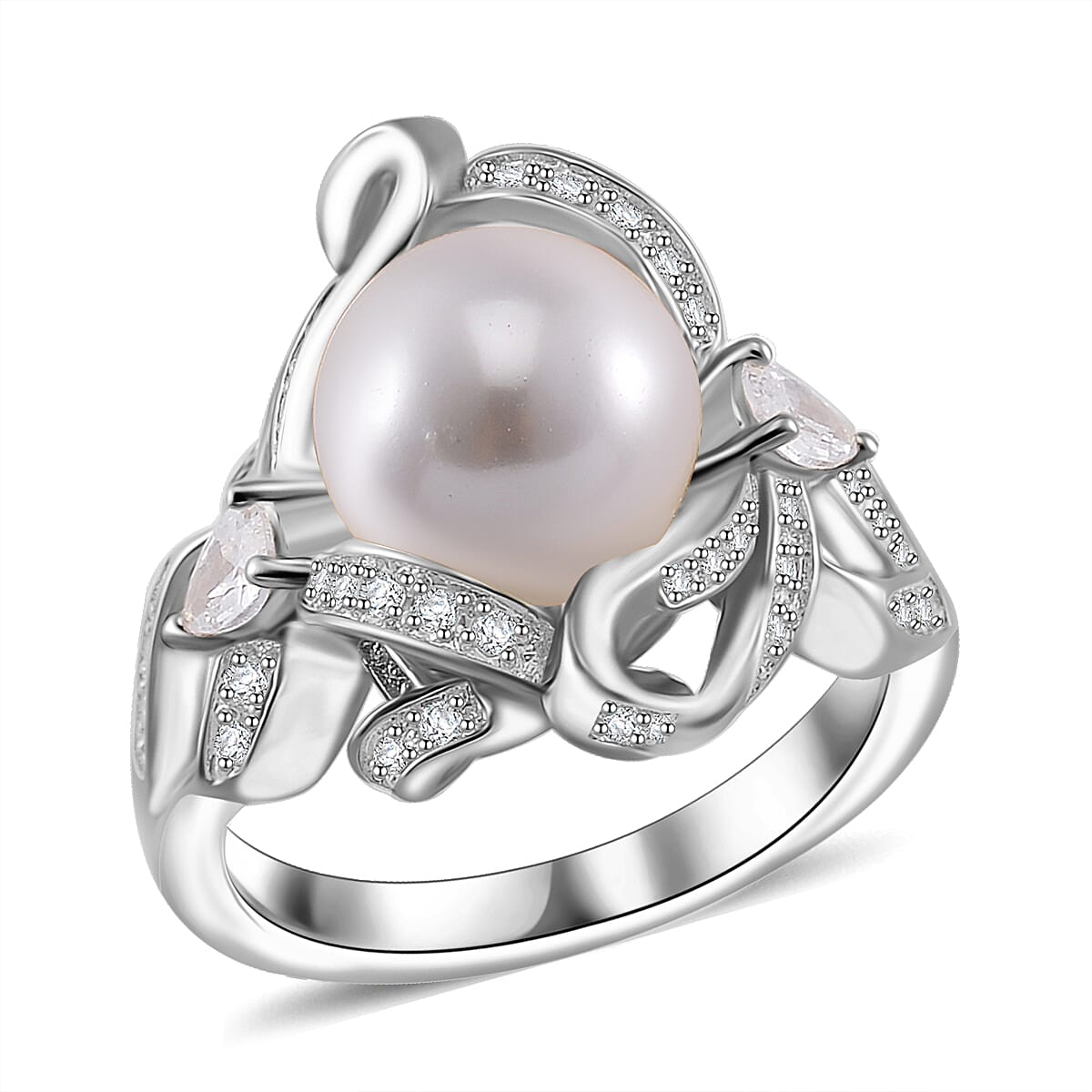 White Shell Pearl and Simulated Diamond 1.10 ctw Ring in Silvertone (Size 7.0) image number 0