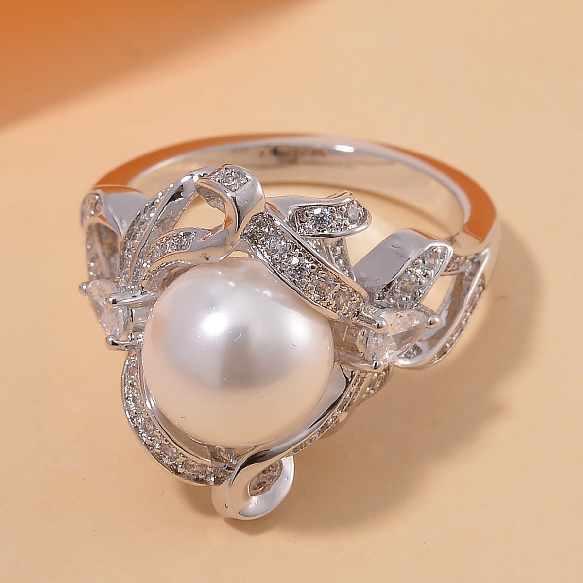 White Shell Pearl and Simulated Diamond 1.10 ctw Ring in Silvertone (Size 7.0) image number 1