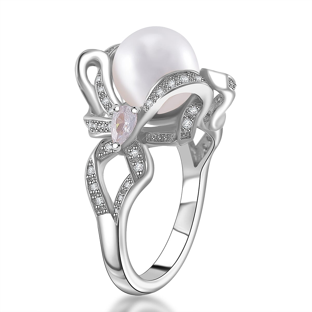White Shell Pearl and Simulated Diamond 1.10 ctw Ring in Silvertone (Size 7.0) image number 3