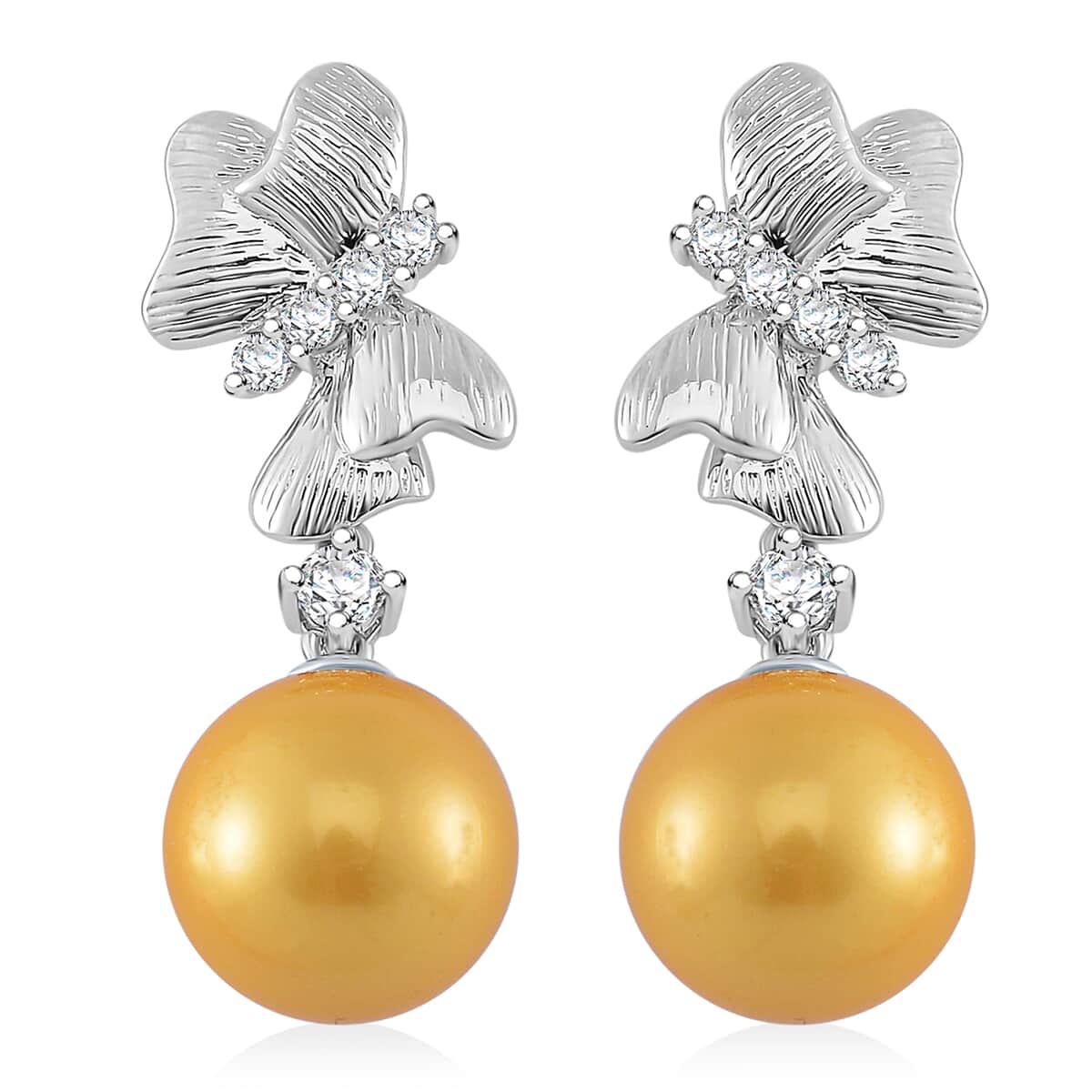 Golden Shell Pearl and Simulated Diamond 0.80 ctw Earrings in Silvertone with Steel Push Back image number 0