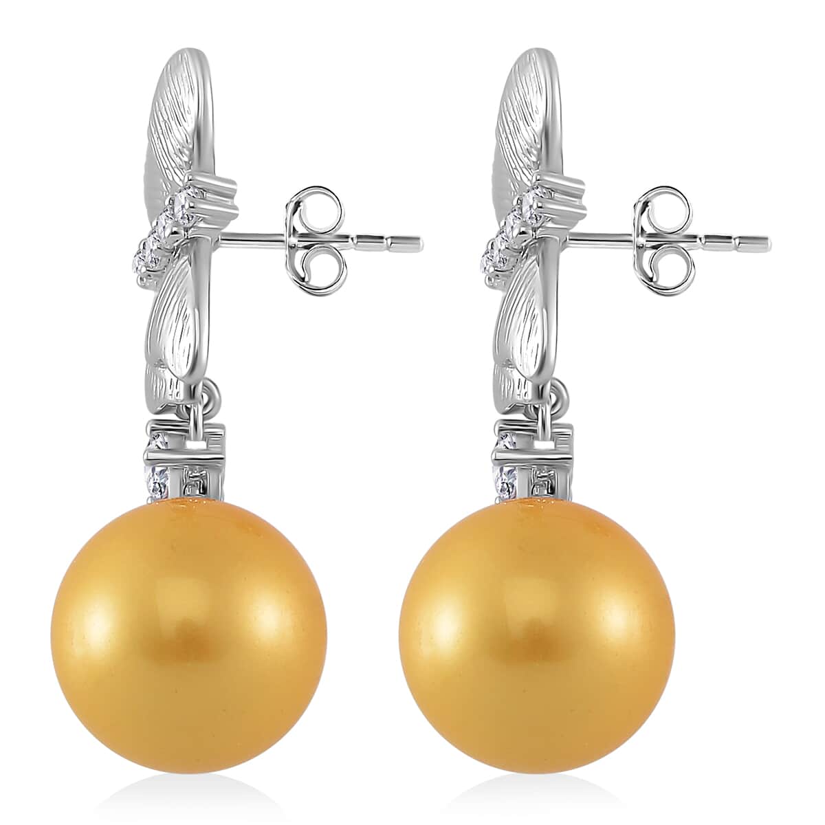 Golden Shell Pearl and Simulated Diamond 0.80 ctw Earrings in Silvertone with Steel Push Back image number 3