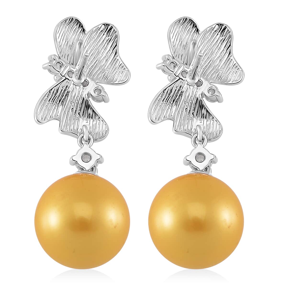 Golden Shell Pearl and Simulated Diamond 0.80 ctw Earrings in Silvertone with Steel Push Back image number 4