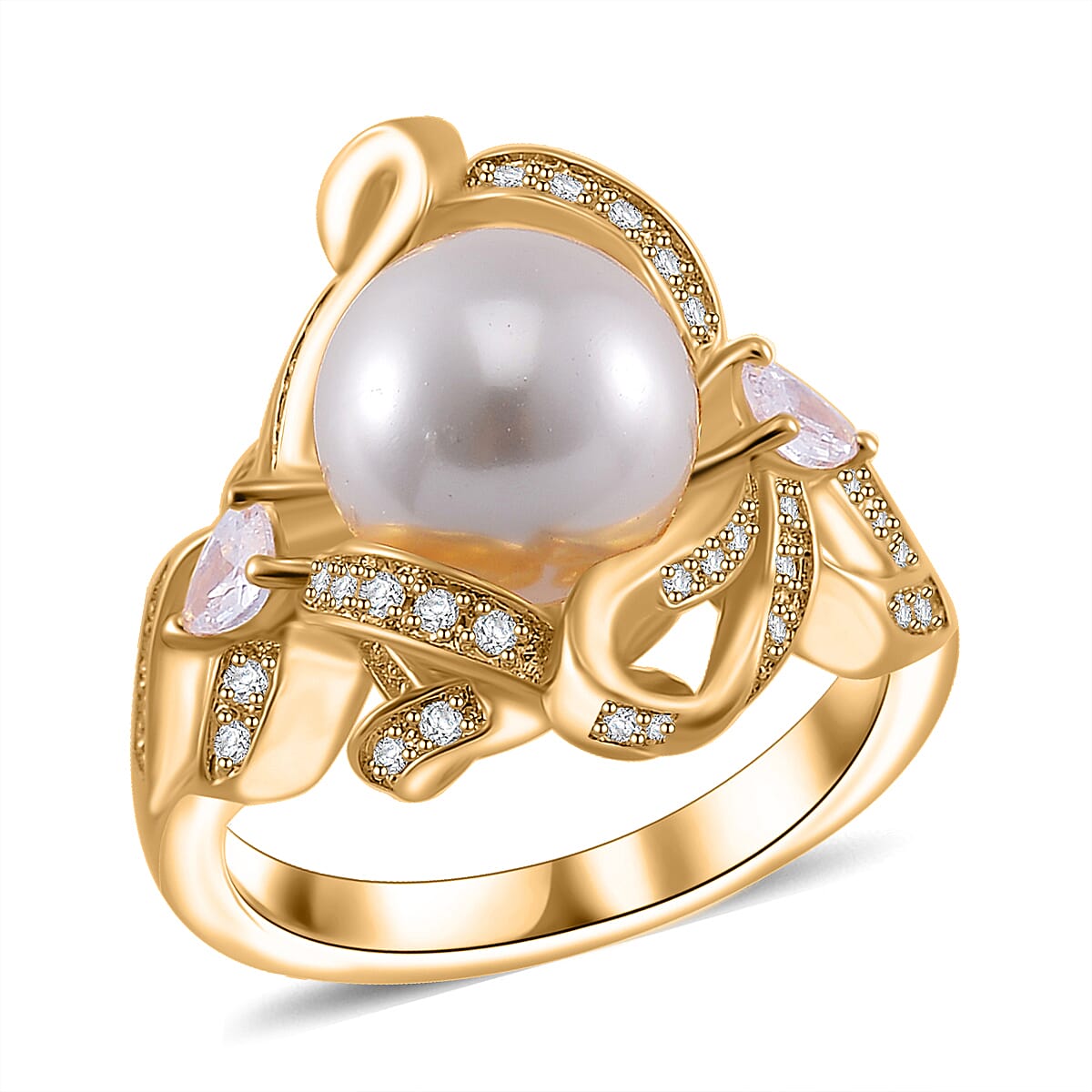 White Shell Pearl and Simulated Diamond 1.10 ctw Ring in Goldtone (Size 6.0) image number 0