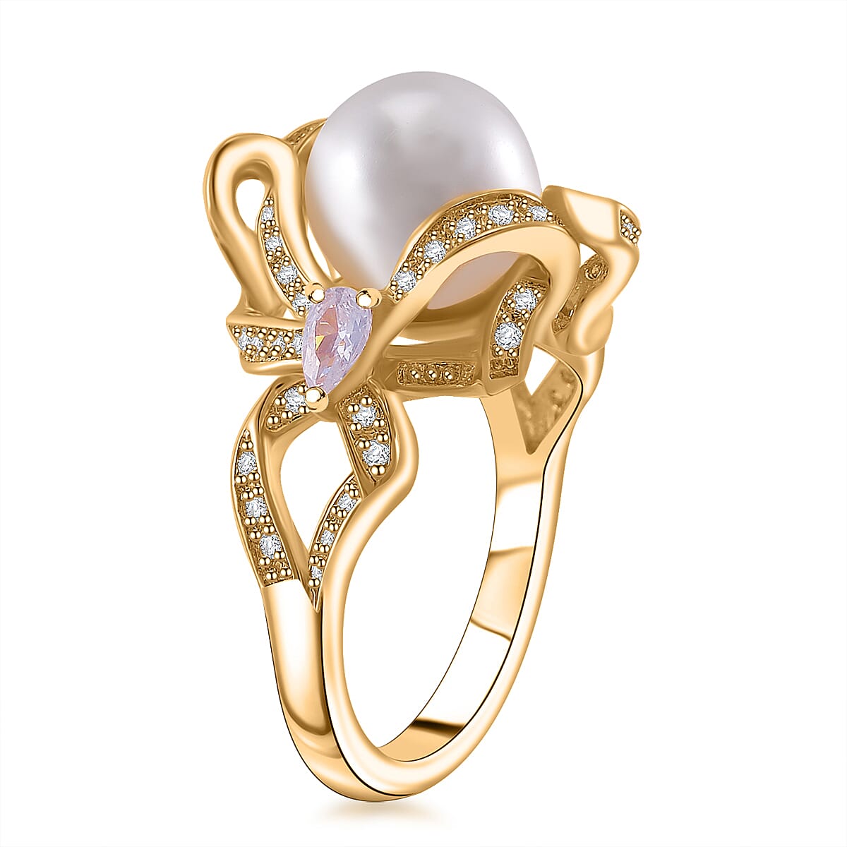 White Shell Pearl and Simulated Diamond 1.10 ctw Ring in Goldtone (Size 6.0) image number 3