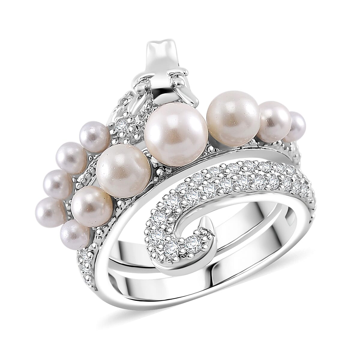 White Shell Pearl and Simulated Diamond 1.25 ctw Dragon Ring in Silvertone (Size 10.0)