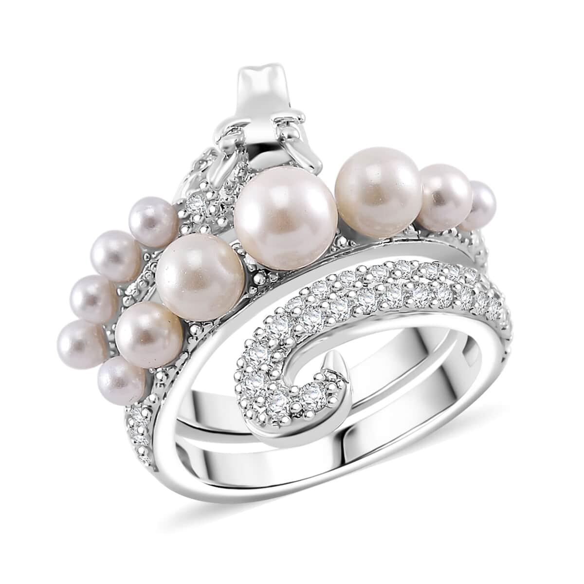 White Shell Pearl and Simulated Diamond 1.25 ctw Dragon Ring in Silvertone image number 0